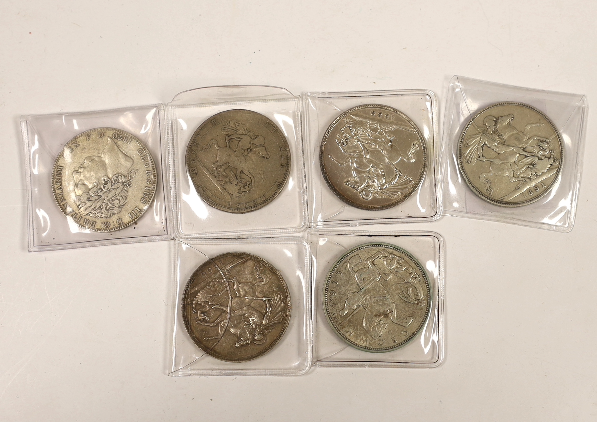 British silver crowns, George III 1820, Fine or better, 1819, Victoria 1889, good VF, 1891, 1900, VF and George V 1935